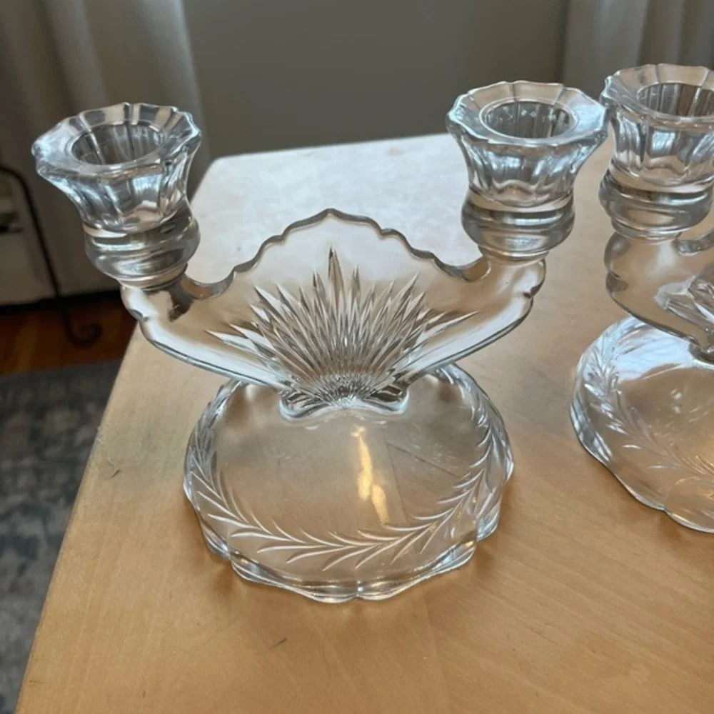 Vintage Clear Jeanette Glass Double Candlestick Sunburst Herringbone Set of Two